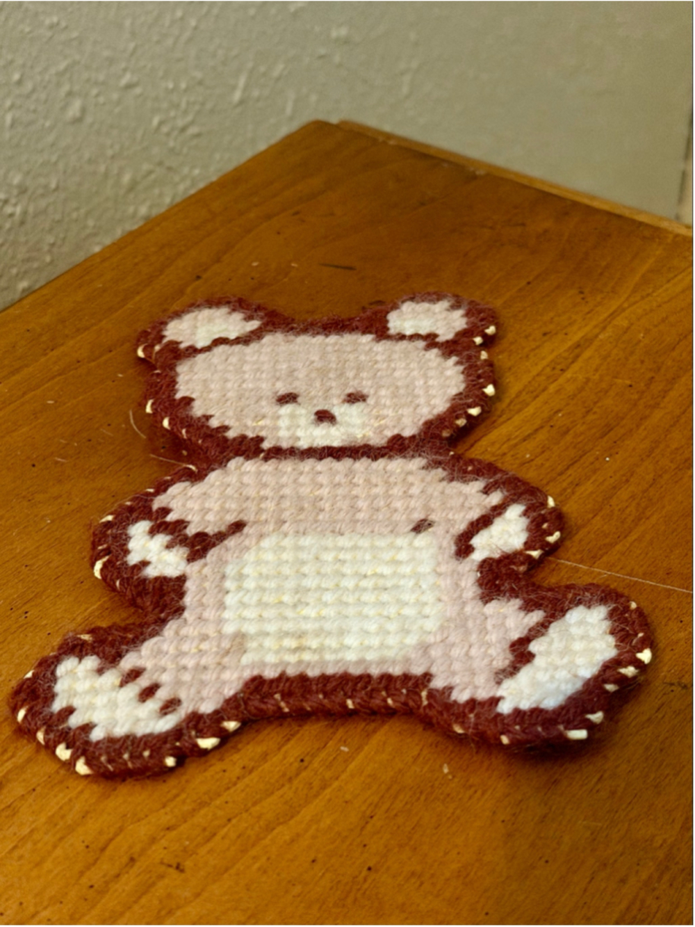 Vintage Plastic Canvas Needlepoint Teddy Bear Coaster Wall Pocket Decor